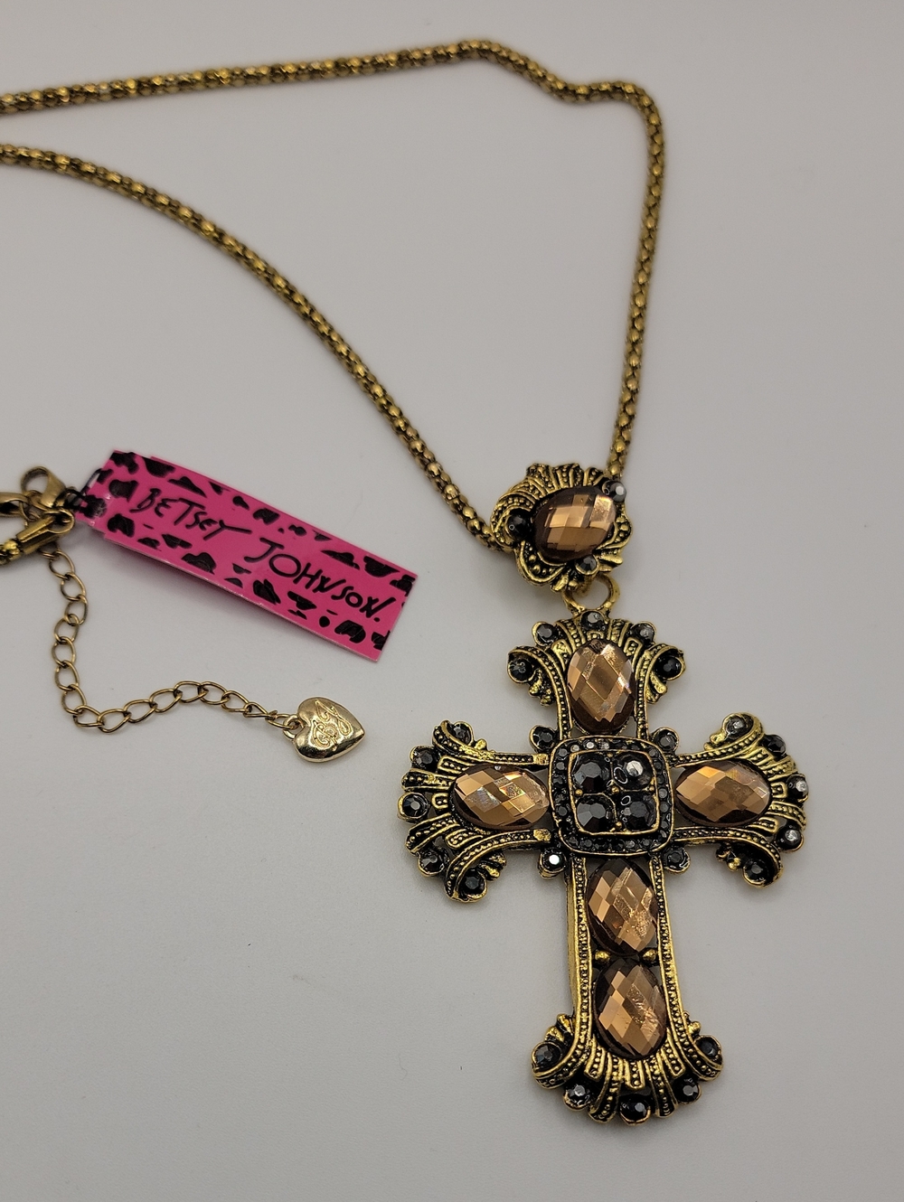 Betsey Johnson Gold-Tone Cross Necklace with Amber Crystals 28" Chain
